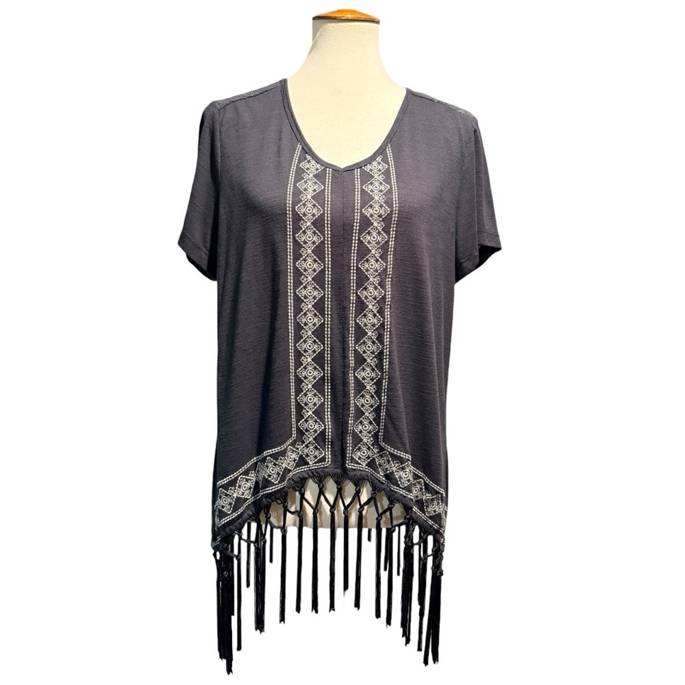 Fringed Asymmetrical Summer Top by Skylar & Jade Charcoal with Lace - Size 1x